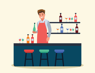 Vector illustration of a male bartender. A man serving a bar. Vector illustration.