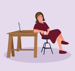 A tired woman at home at a table with a laptop and coffee. Vector illustration.