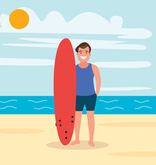A surfer on the beach with a board, a young guy is resting on the sea in the summer and is surfing. Vector illustration.