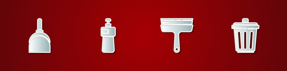 Set Dustpan, Dishwashing liquid bottle, Rubber cleaner for windows and Trash can icon. Vector