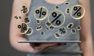 Interest rates effect on stock market share prices and global economic inflation and deflation, percent symbol