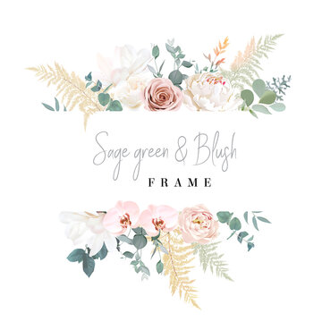 Silver sage and blush pink flowers vector design frame