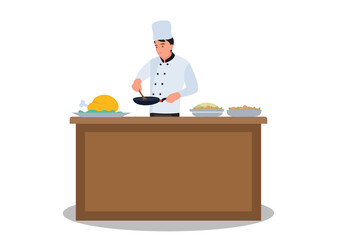 The chef prepares the food. Fried in a frying pan at the kitchen table, holding a wooden spoon in his hands. Vector illustration.