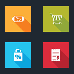 Set Discount percent tag, Shopping cart, Shoping bag with discount and Paper check and financial check icon. Vector