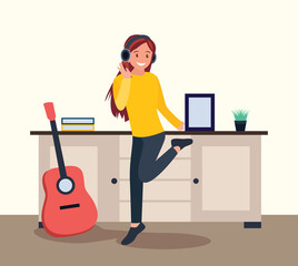 Dancing girl listen music in headphones. Vector illustration.