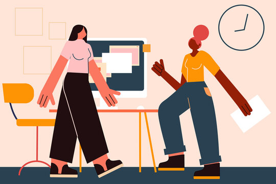 Women at work, coworkers, team work. Character design. Vector illustration
