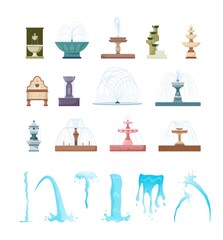 Different type of fountain, pouring water flow splash set. Waterfall marble statue monument various shape and pure aqua stream, trickle vector illustration isolated on white background - obrazy, fototapety, plakaty