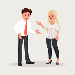 Conflict at work. A woman boss scolds an office worker man. Vector illustration.