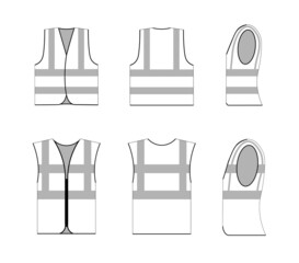Sleeveless jacket safety uniform outline flat graphic sketch. Protective vest or shirt with stripe mockup design, fabric clothes linear draw vector illustration isolated on white background
