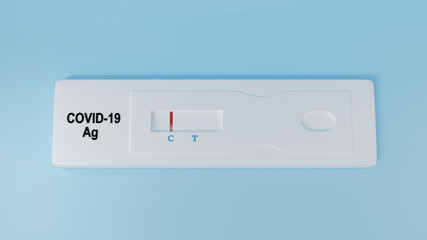 Negative test result using rapid test device for COVID-19 on bright blue background. novel coronavirus 2019 2019-nCoV SARS-CoV-2 virus. Lab card kit fast testing identifying viral antigen, 3d render