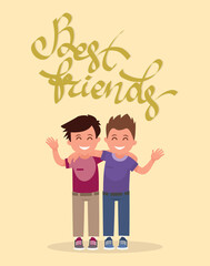 Best friends in an embrace. Funny boys with calligraphic inscription with shadow. Vector illustration.