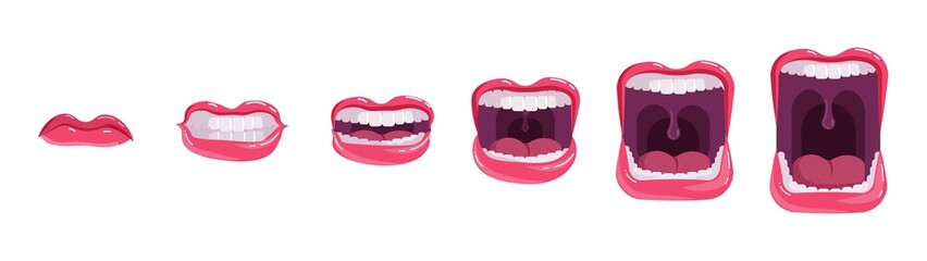 Screaming open mouth in different volume yelling stage set. Change in sound level for various emotion expression as stress, surprise or displeased cry vector illustration isolated on white background