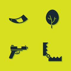Set Hunting horn, Trap hunting, Pistol gun and Tree icon. Vector