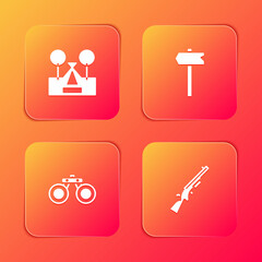 Set Tourist tent, Road traffic sign, Binoculars and Shotgun icon. Vector