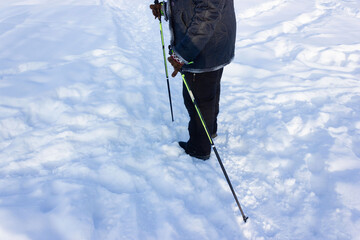 Senior at the snow in winter nordic walking