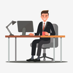A businessman-entrepreneur in a suit works at his office desk. Vector illustration.
