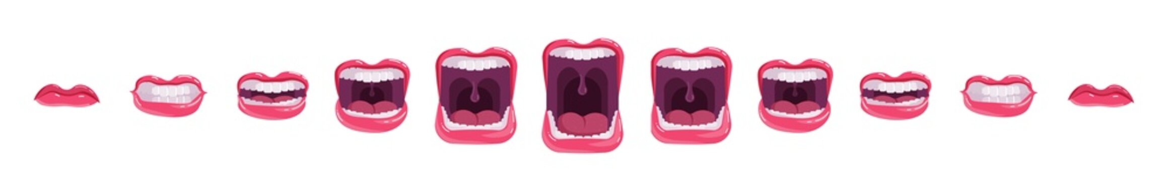 Screaming shouting mouth with teeth and tongue extended set. Singing yawning human lip in various stage of opening for different wow emotion expression vector illustration isolated on white background