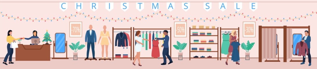 People shopping at fashion shop on christmas holidays sale. Boutique beauty store customer making purchase and seller offering best service and xmas garment choice vector illustration