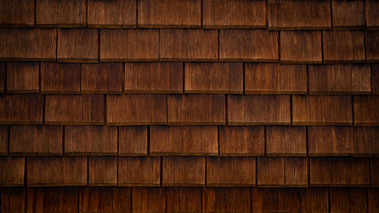 Old brown rustic dark brown wooden shingles wall texture - Wood background