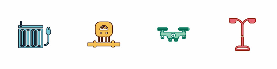 Set Heating radiator, Smart sensor, Drone flying and Street light icon. Vector