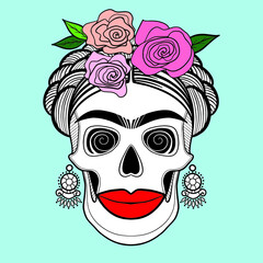 A skull with a female face in the image of Frida Kahlo. Mexican artist. Page of coloring book. Vector isolated illustration.