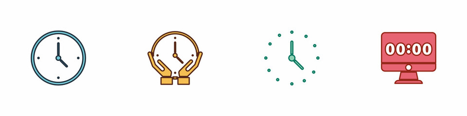 Set Clock, , and on monitor icon. Vector