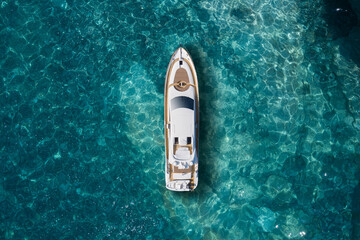 A huge white super Mega yacht on blue water in Italy. White sport yacht near the coast on the sea aerial view. Superyacht on clear water near the rocks, top view.