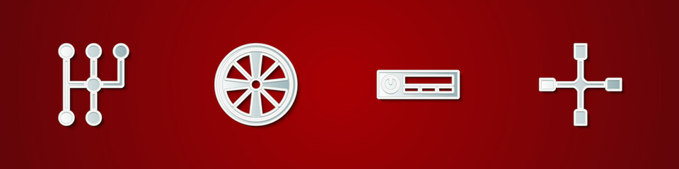 Obraz premium Set Gear shifter, Alloy wheel, Car Audio and Wheel wrench icon. Vector