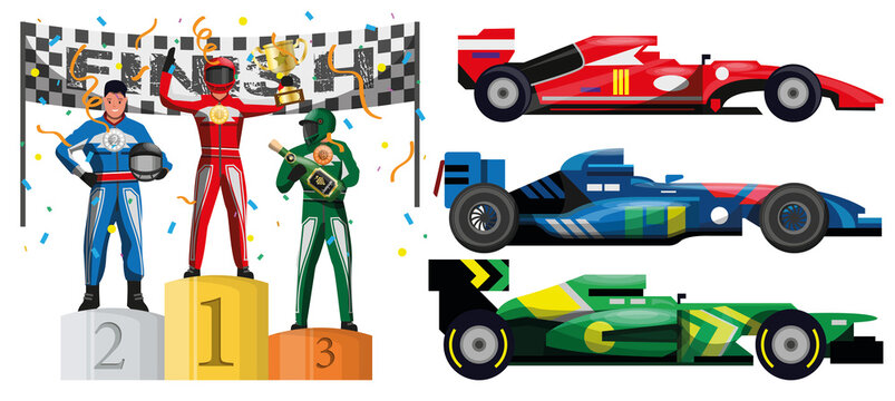 Formula car race driver champion reward ceremony event set. Winner award on pedestal for success in auto rally team competition with prize vector illustration isolated on white background