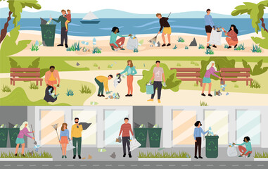 People group cleaning beach, park and city street set. Cartoon parent and teenager little children volunteer character work together to protect planet from garbage waste pollution vector illustration
