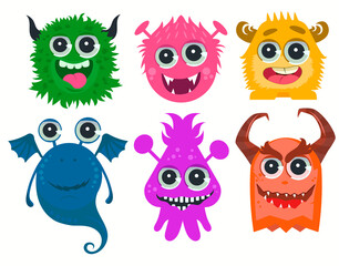 Monsters Cartoon. Funny Cute Little Monster Set. Vector
