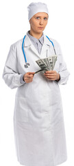 female doctor in a white coat and hat. the doctor counts the money, the specialist holds a fan of dollars and looks at us. paid medicine. isolated, white background