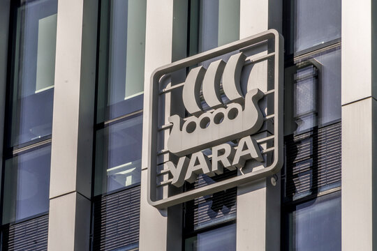 Vilnius, Lithuania - May 12, 2021: Yara company logo on office building wall. Yara International ASA is a Norwegian chemical company