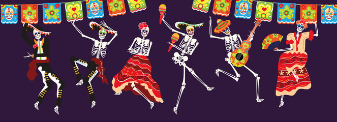 Skeleton celebrating mexican traditional party of death. Dia de muertos, day of dead, mexico festival holiday invitation poster design with spooky dancing skeletal human body band vector illustration - obrazy, fototapety, plakaty
