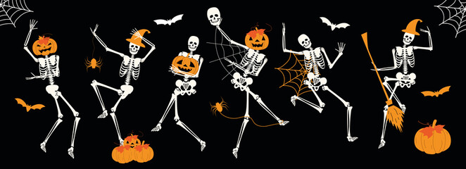 Funny happy halloween skeleton cartoon character. Halloween festive for banner, poster, greeting card, party invitation poster design with pumpkin, bat and spider web vector illustration on black
