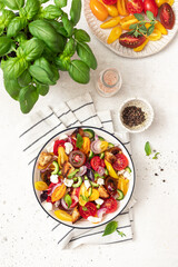 Vegetable salad. Panzanella traditional food of Italy with colorful tomatoes and bread	