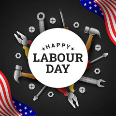 Happy Labour Day Background with Yellow Stripe and Tools