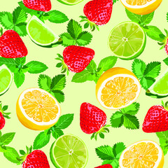 Mint, lemon, lime and strawberries vector seamless pattern