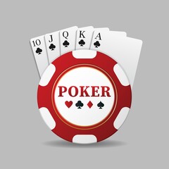 Bright red casino and poker chip with card suits. A combination of royal flush cards. It can be used as a logo or an element for the design of an online gaming site