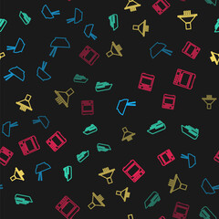 Set line Bowl with chopsticks, Ship, Kitchen extractor fan and Oven on seamless pattern. Vector