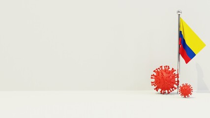Obraz premium Colombia realistic flag illustration. Red 3D COVID-19 virus rendering in front of the flagpole.