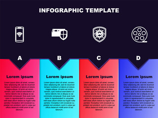 Set line Smartphone with wireless, Money protection, UV and Film reel. Business infographic template. Vector