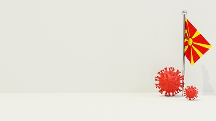 Macedonia realistic flag illustration. Red 3D COVID-19 virus rendering in front of the flagpole.