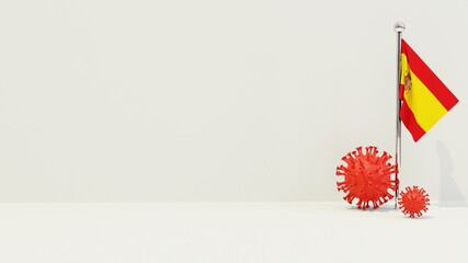 Obraz premium Spain realistic flag illustration. Red 3D COVID-19 virus rendering in front of the flagpole.