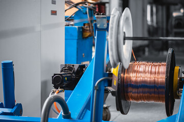 Copper wire cable production in coils, metal steel industrial plant