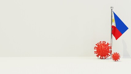 Obraz premium Philippines realistic flag illustration. Red 3D COVID-19 virus rendering in front of the flagpole.