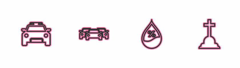 Set line Police car and flasher, Water drop percentage, Cars and Tombstone with cross icon. Vector