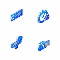 Set Isometric line Time management setting, Fast payments, Air conditioner and Video camera icon. Vector