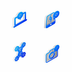 Set Isometric line Power bank setting, Laptop, Hourglass and Photo camera icon. Vector