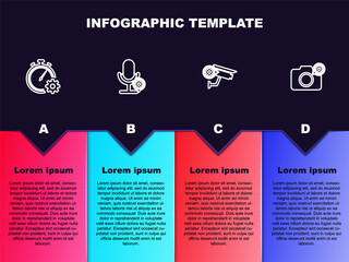 Set line Time management setting, Microphone, Security camera and Photo. Business infographic template. Vector
